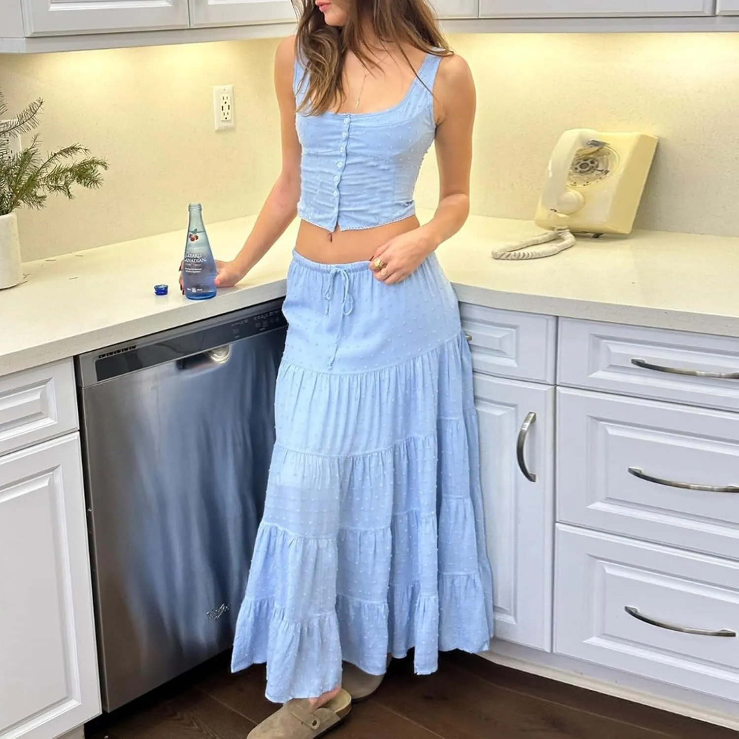 Women 2 Piece Maxi Skirts Set Y2k Ruffle Sleeveless Lace Trim Cami Top Tiered Flowy A Line Long Skirt Summer Outfits