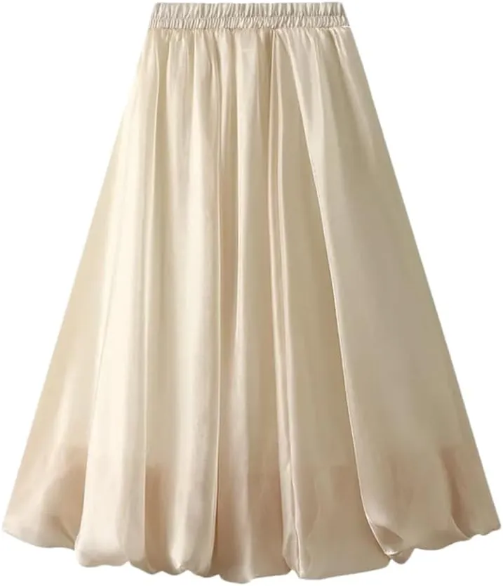 Women A-Line Midi Long Skirt Tulle Party Elastic Waist Skirts A-Line Mid-Calf Skirt