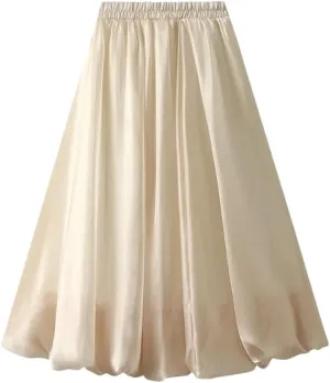 Women A-Line Midi Long Skirt Tulle Party Elastic Waist Skirts A-Line Mid-Calf Skirt