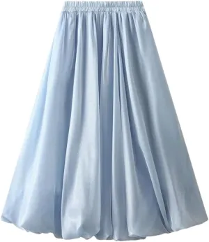 Women A-Line Midi Long Skirt Tulle Party Elastic Waist Skirts A-Line Mid-Calf Skirt