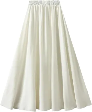 Women Basic Long Skirt High Waist Casual Midi A-Line Skirts Solid Elastic Waist Pleated Skirt