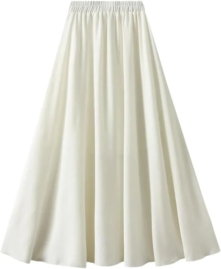 Women Basic Long Skirt High Waist Casual Midi A-Line Skirts Solid Elastic Waist Pleated Skirt