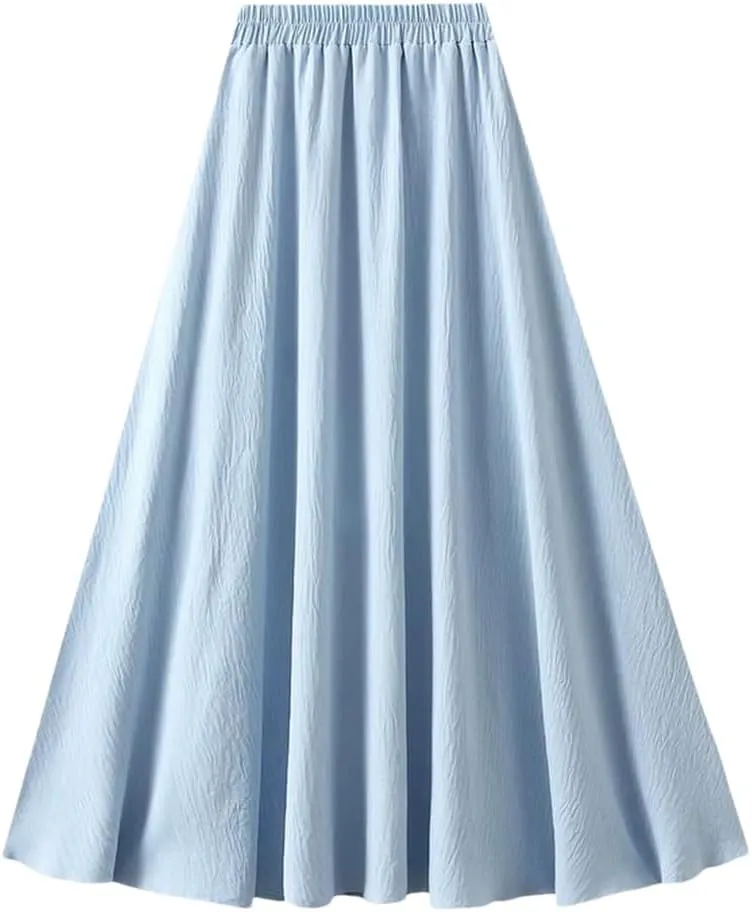 Women Basic Long Skirt High Waist Casual Midi A-Line Skirts Solid Elastic Waist Pleated Skirt