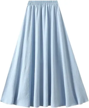 Women Basic Long Skirt High Waist Casual Midi A-Line Skirts Solid Elastic Waist Pleated Skirt