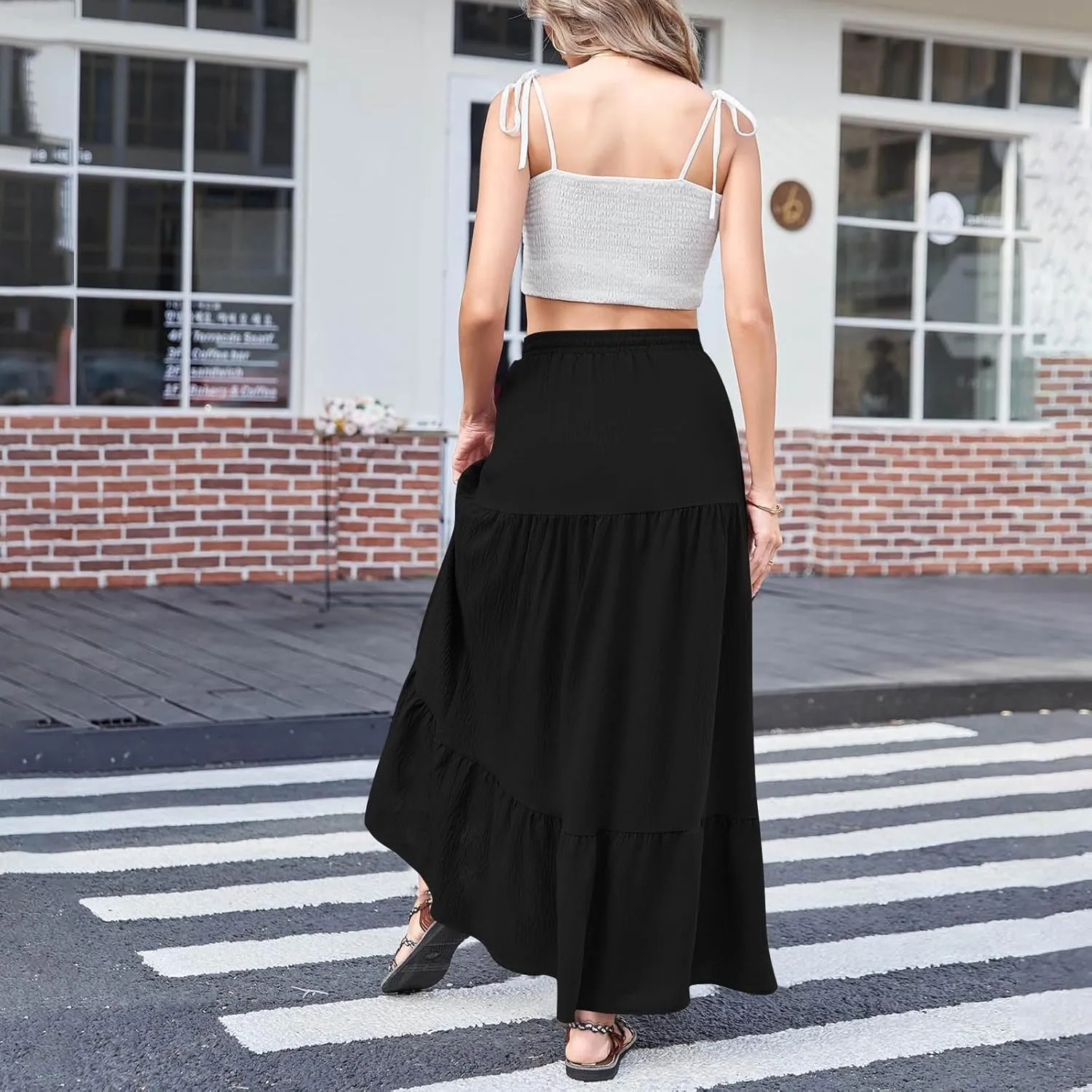 Women Boho Maxi Skirt Set Off Shoulder Ruffle Trim Ruched Crop Top and Flowy Slit Long Skirts 2 Piece Outfits Beach Wear