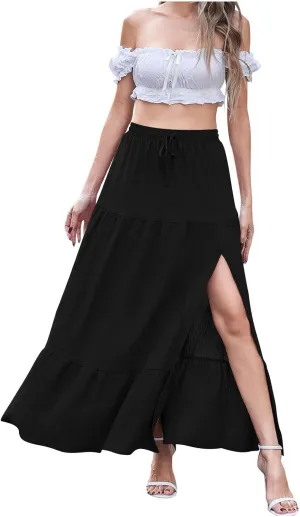 Women Boho Maxi Skirt Set Off Shoulder Ruffle Trim Ruched Crop Top and Flowy Slit Long Skirts 2 Piece Outfits Beach Wear