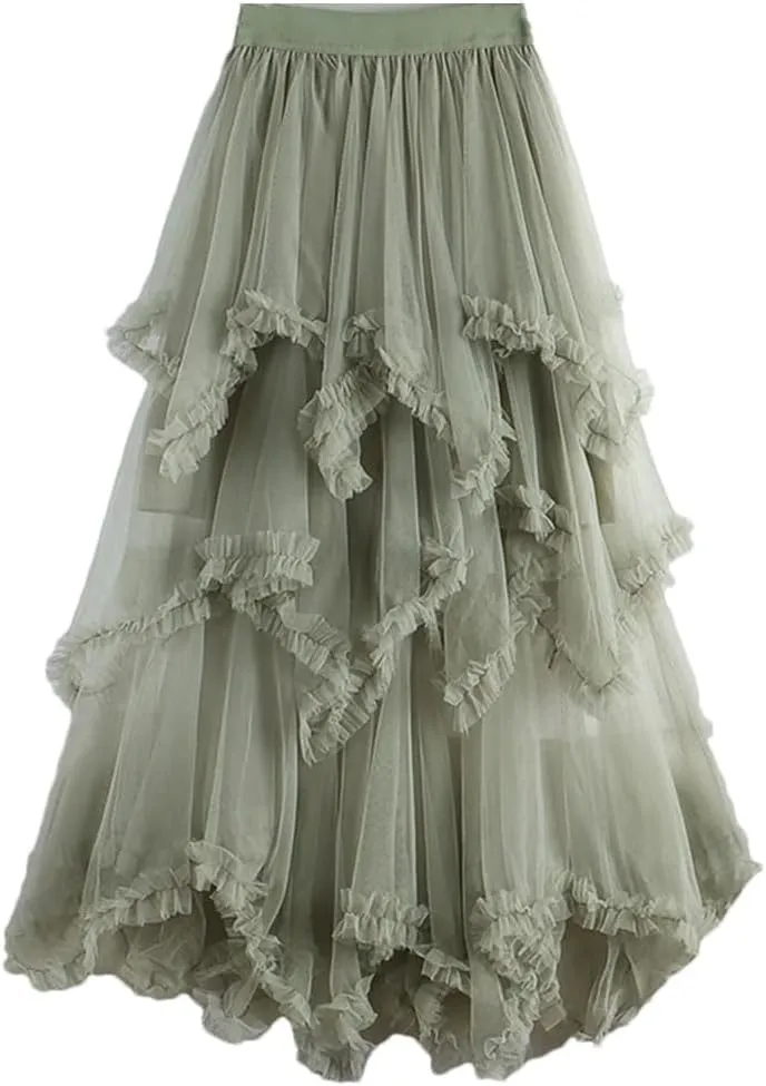 Women Irregular Cake Skirt Midi Long High Waist A Line Skirts Tulle Party Mid-Calf Skirt