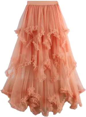 Women Irregular Cake Skirt Midi Long High Waist A Line Skirts Tulle Party Mid-Calf Skirt