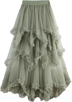 Women Irregular Cake Skirt Midi Long High Waist A Line Skirts Tulle Party Mid-Calf Skirt