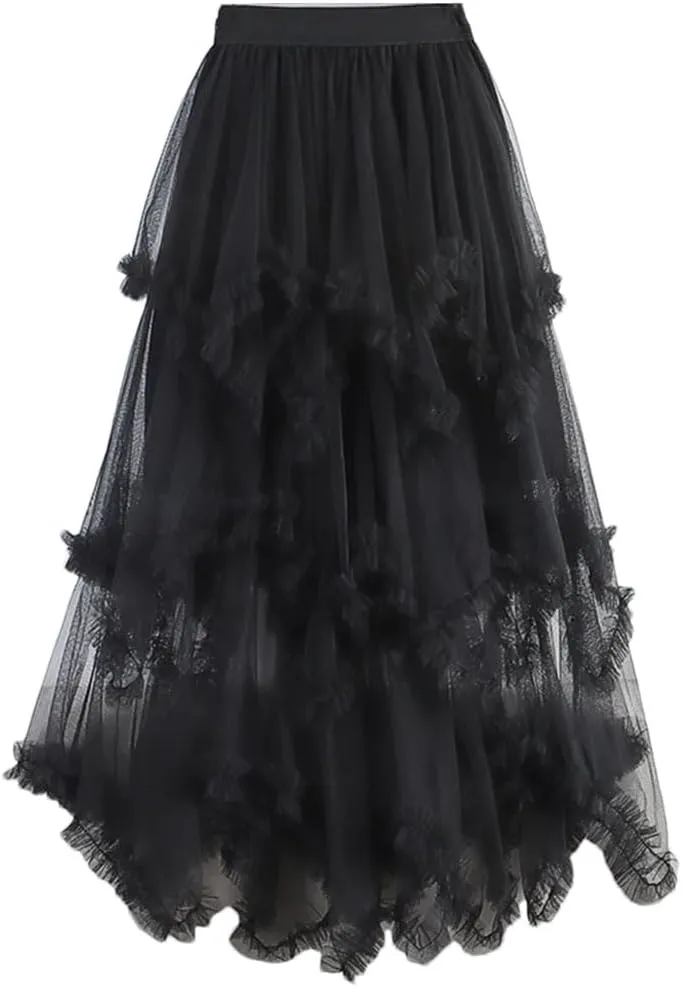 Women Irregular Cake Skirt Midi Long High Waist A Line Skirts Tulle Party Mid-Calf Skirt