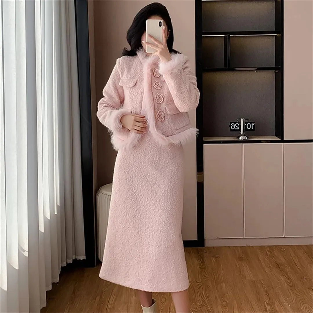 Women Jacket Clothing Elegant Socialite Long Skirt Set White Two Piece Sets Outfits