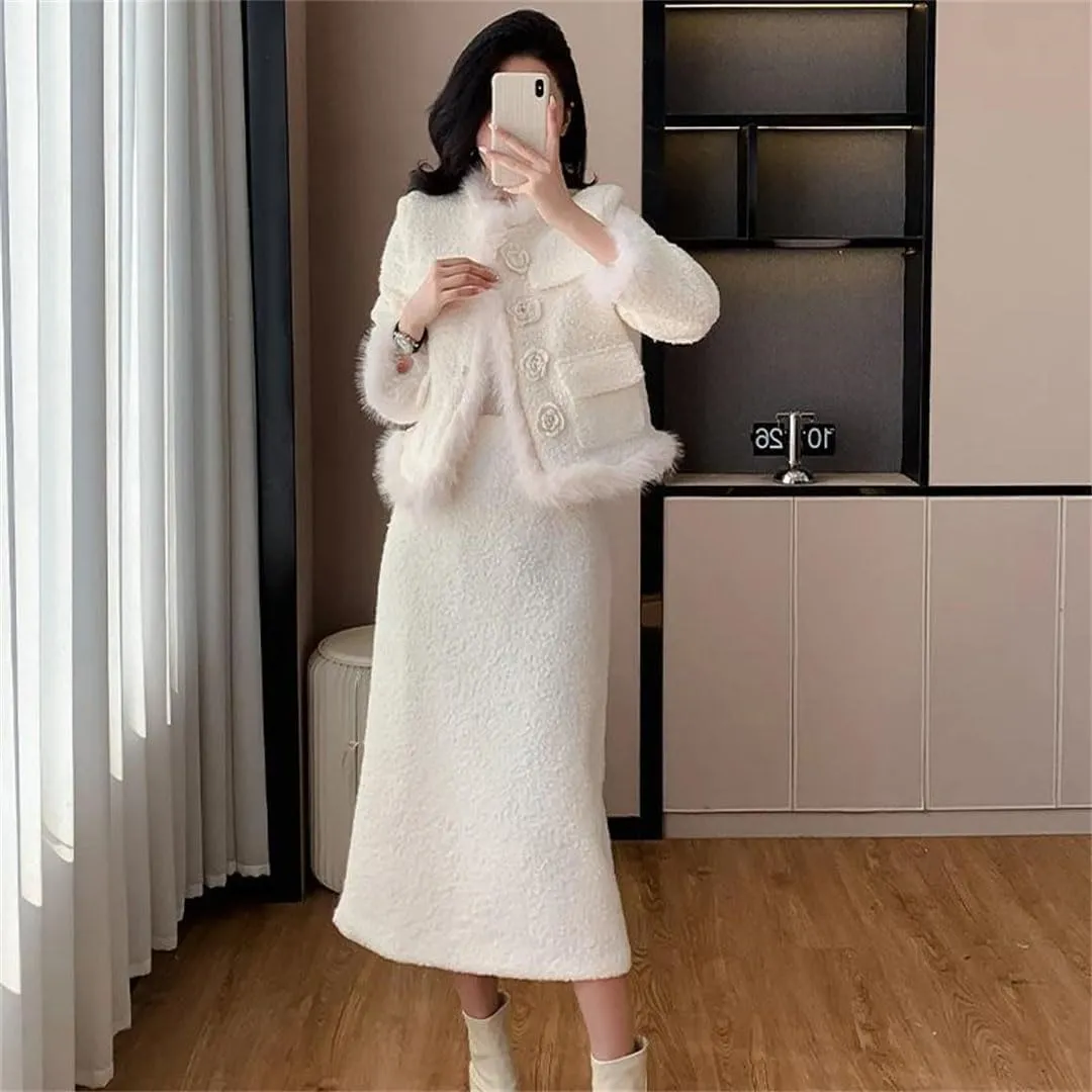 Women Jacket Clothing Elegant Socialite Long Skirt Set White Two Piece Sets Outfits