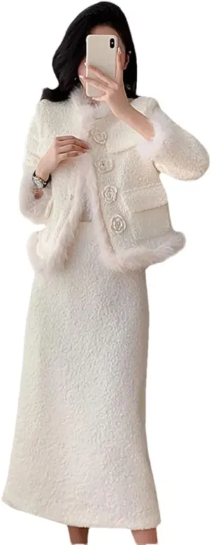 Women Jacket Clothing Elegant Socialite Long Skirt Set White Two Piece Sets Outfits