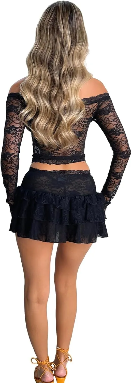 Women Lace Trim 2 Piece Outfits Sexy Floral Lace Bodycon Mini Dress Short Skirt Set Y2k Ruffle Two Piece Skirts Sets
