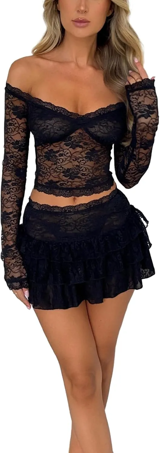 Women Lace Trim 2 Piece Outfits Sexy Floral Lace Bodycon Mini Dress Short Skirt Set Y2k Ruffle Two Piece Skirts Sets