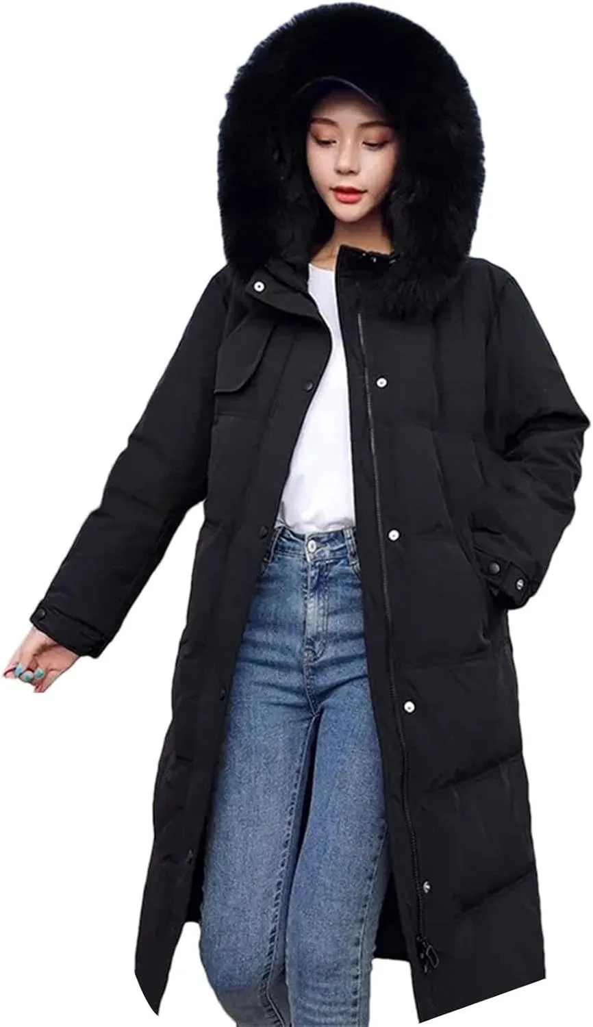 Women Long Down Cotton Parkas Coat Winter Loose Large Furs Collar Hooded Warm Thick Parkas Padded Overcoat