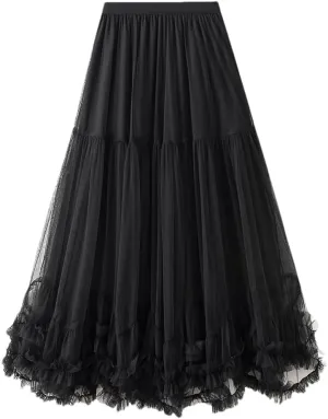 Women Long Elastic High Waist Skirt Ruffle Hem Skirt Fluffy A-Line Solid Color Midi Skirts