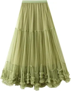 Women Long Elastic High Waist Skirt Ruffle Hem Skirt Fluffy A-Line Solid Color Midi Skirts