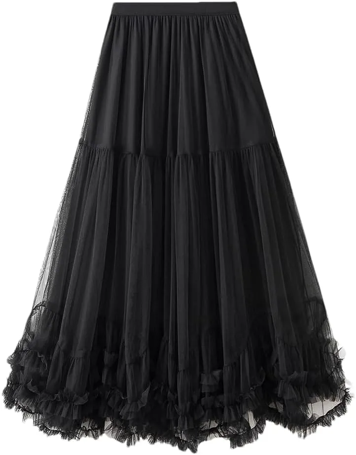 Women Long Elastic High Waist Skirt Ruffle Hem Skirt Fluffy A-Line Solid Color Midi Skirts