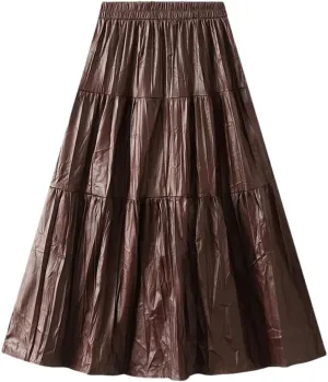 Women Long Pu Pleated Skirt Elegant High Waist Skirts Solid Vintage A-Line Pleated Skirt