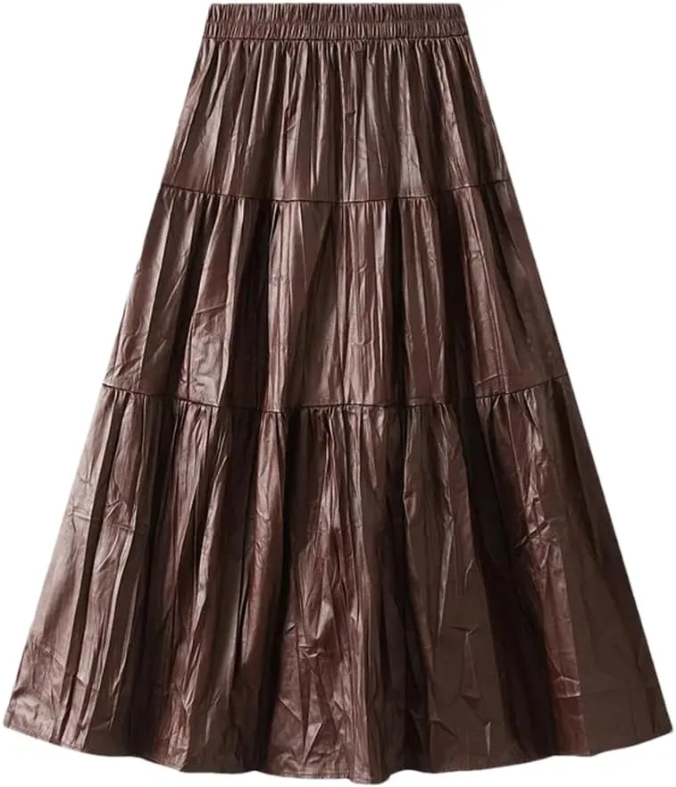 Women Long Pu Pleated Skirt Elegant High Waist Skirts Solid Vintage A-Line Pleated Skirt