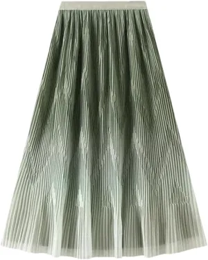 Women Midi Length Gradient Color Skirt Elastic High Waist Casual Skirts Evening Pleated Skirts