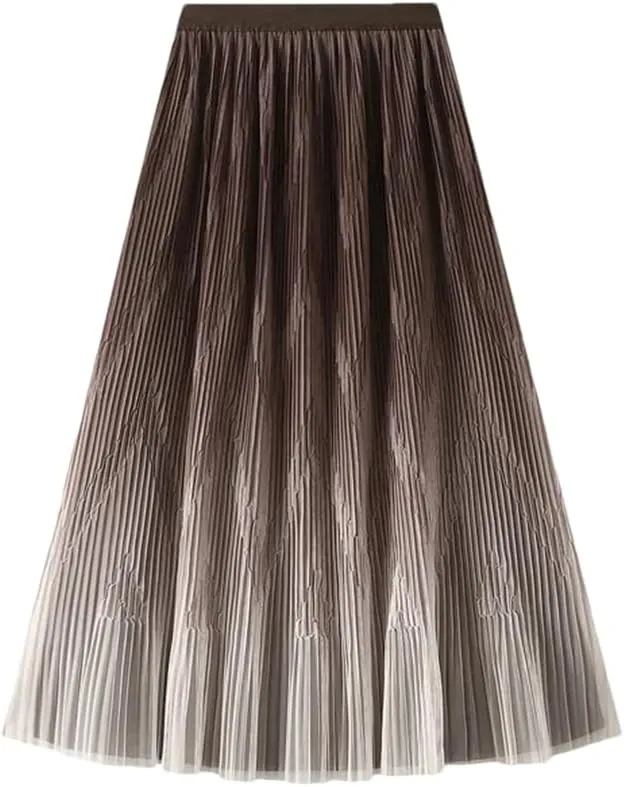 Women Midi Length Gradient Color Skirt Elastic High Waist Casual Skirts Evening Pleated Skirts