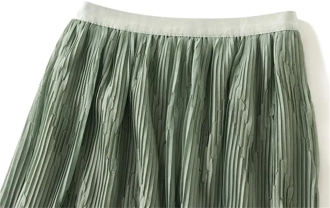Women Midi Length Gradient Color Skirt Elastic High Waist Casual Skirts Evening Pleated Skirts