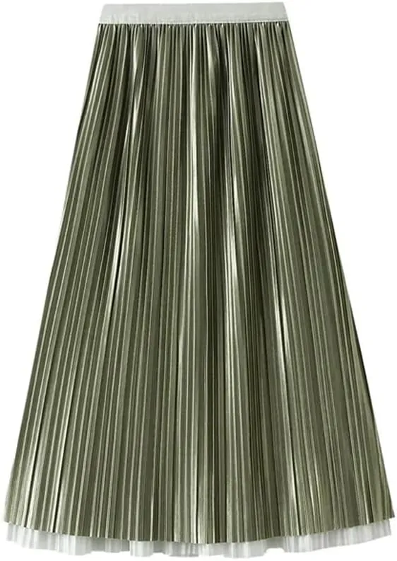 Women Midi Length Gradient Color Skirt Elastic High Waist Casual Skirts Evening Pleated Skirts