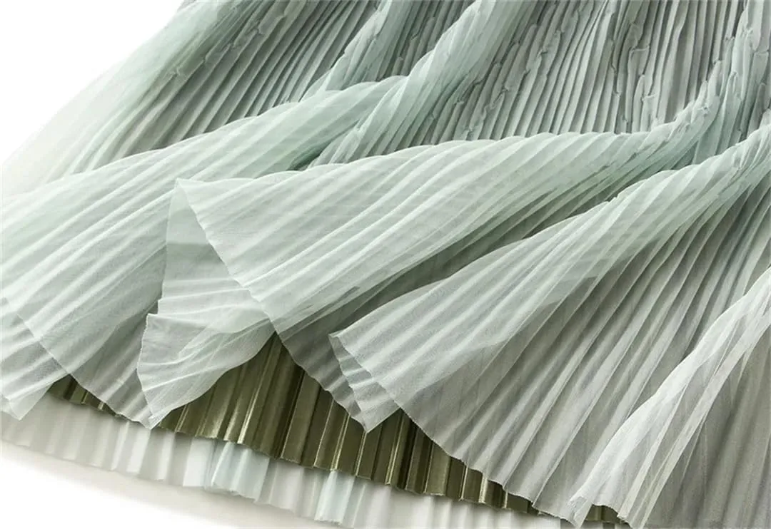 Women Midi Length Gradient Color Skirt Elastic High Waist Casual Skirts Evening Pleated Skirts