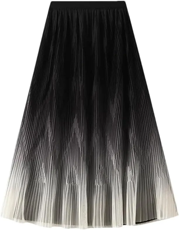 Women Midi Length Gradient Color Skirt Elastic High Waist Casual Skirts Evening Pleated Skirts