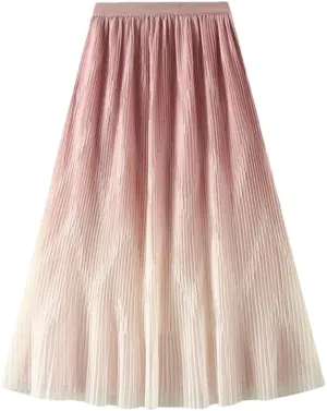Women Midi Length Gradient Color Skirt Elastic High Waist Casual Skirts Evening Pleated Skirts