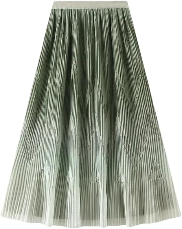 Women Midi Length Gradient Color Skirt Elastic High Waist Casual Skirts Evening Pleated Skirts
