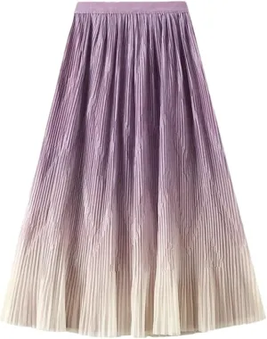 Women Midi Length Gradient Color Skirt Elastic High Waist Casual Skirts Evening Pleated Skirts