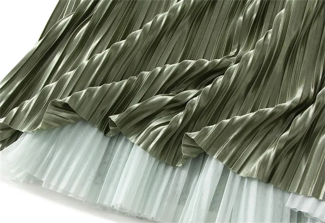 Women Midi Length Gradient Color Skirt Elastic High Waist Casual Skirts Evening Pleated Skirts