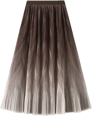Women Midi Length Gradient Color Skirt Elastic High Waist Casual Skirts Evening Pleated Skirts