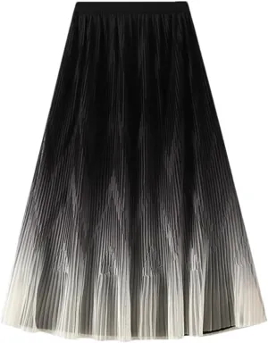 Women Midi Length Gradient Color Skirt Elastic High Waist Casual Skirts Evening Pleated Skirts