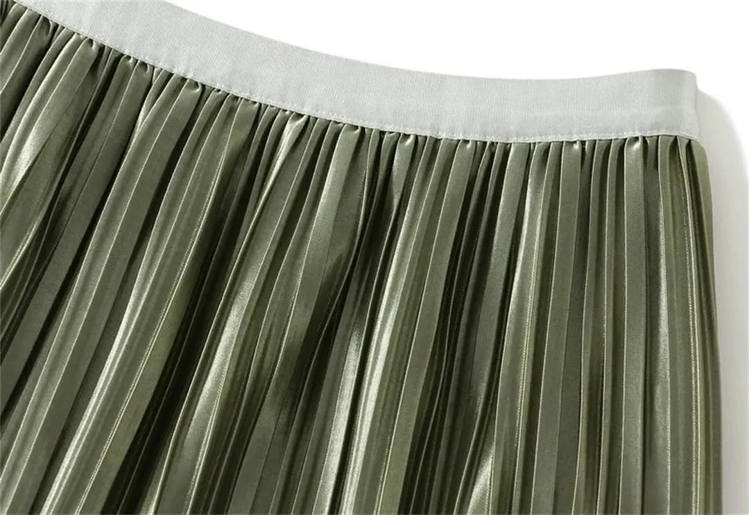 Women Midi Length Gradient Color Skirt Elastic High Waist Casual Skirts Evening Pleated Skirts