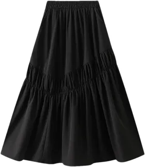 Women Midi Long Pleated Skirts A-Line High Waist Skirt Korean Style Party Evening Solid Skirt