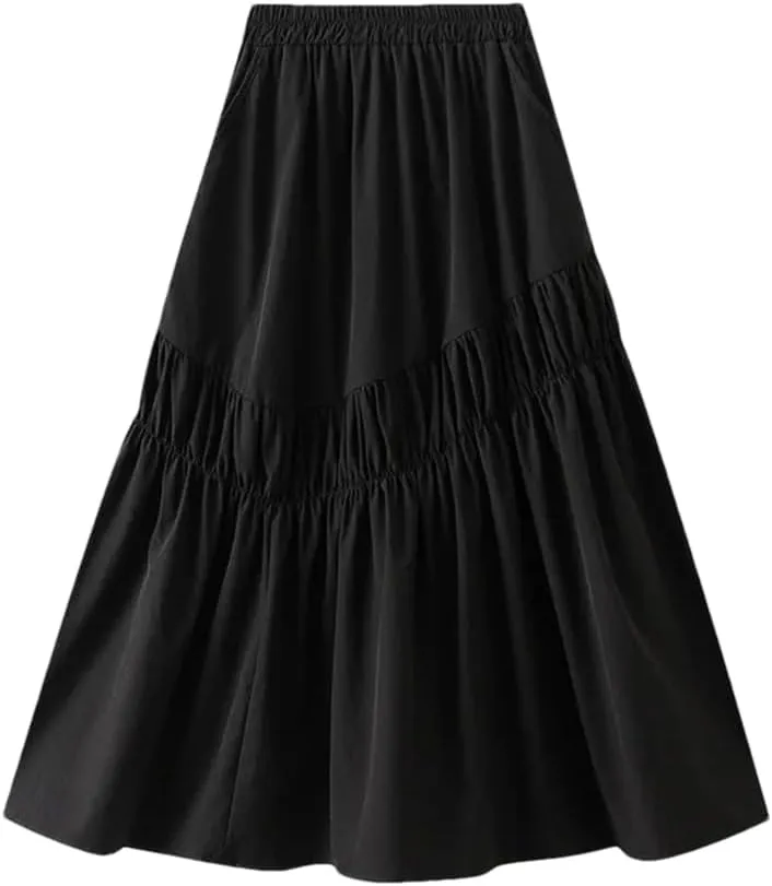 Women Midi Long Pleated Skirts A-Line High Waist Skirt Korean Style Party Evening Solid Skirt