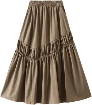 Women Midi Long Pleated Skirts A-Line High Waist Skirt Korean Style Party Evening Solid Skirt