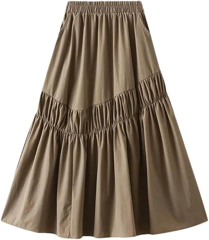 Women Midi Long Pleated Skirts A-Line High Waist Skirt Korean Style Party Evening Solid Skirt