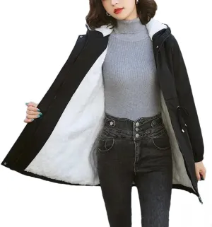 Women Parkas Jackets Hooded Windbreaker Fleece Winter Warm Thick Cotton Padded Coat
