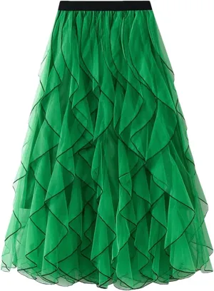 Women Ruffle Tulle Skirt Elastic High Waist Tulle Skirts Casual Midi Long Pleated Solid Skirt