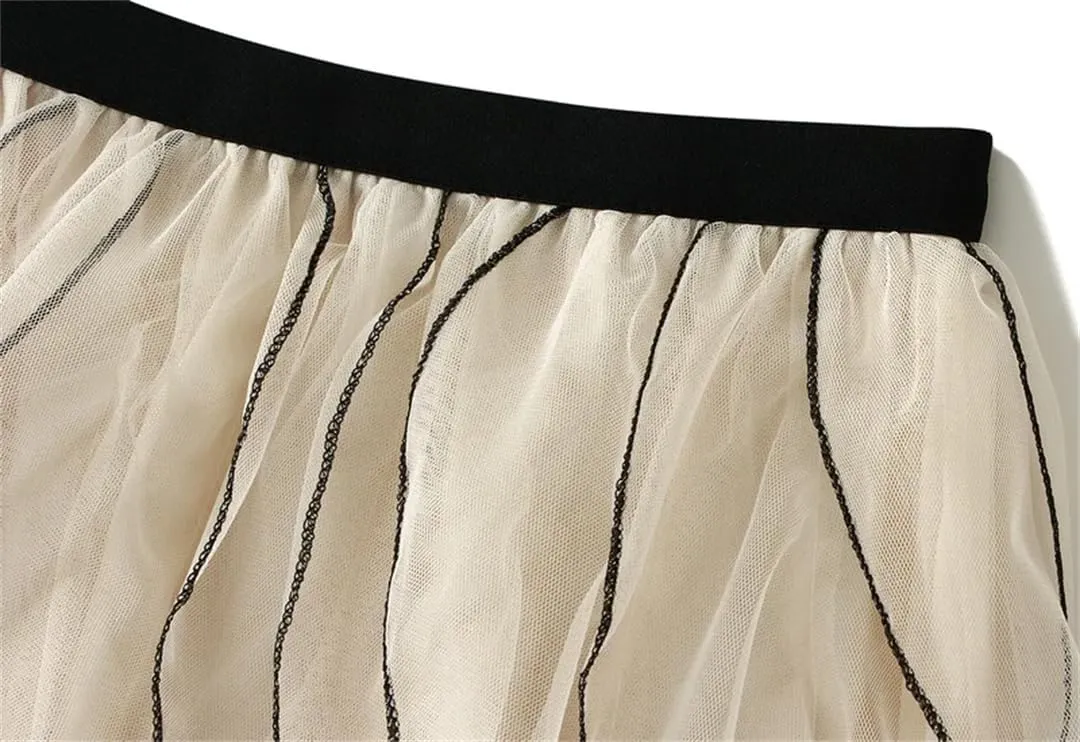 Women Ruffle Tulle Skirt Elastic High Waist Tulle Skirts Casual Midi Long Pleated Solid Skirt