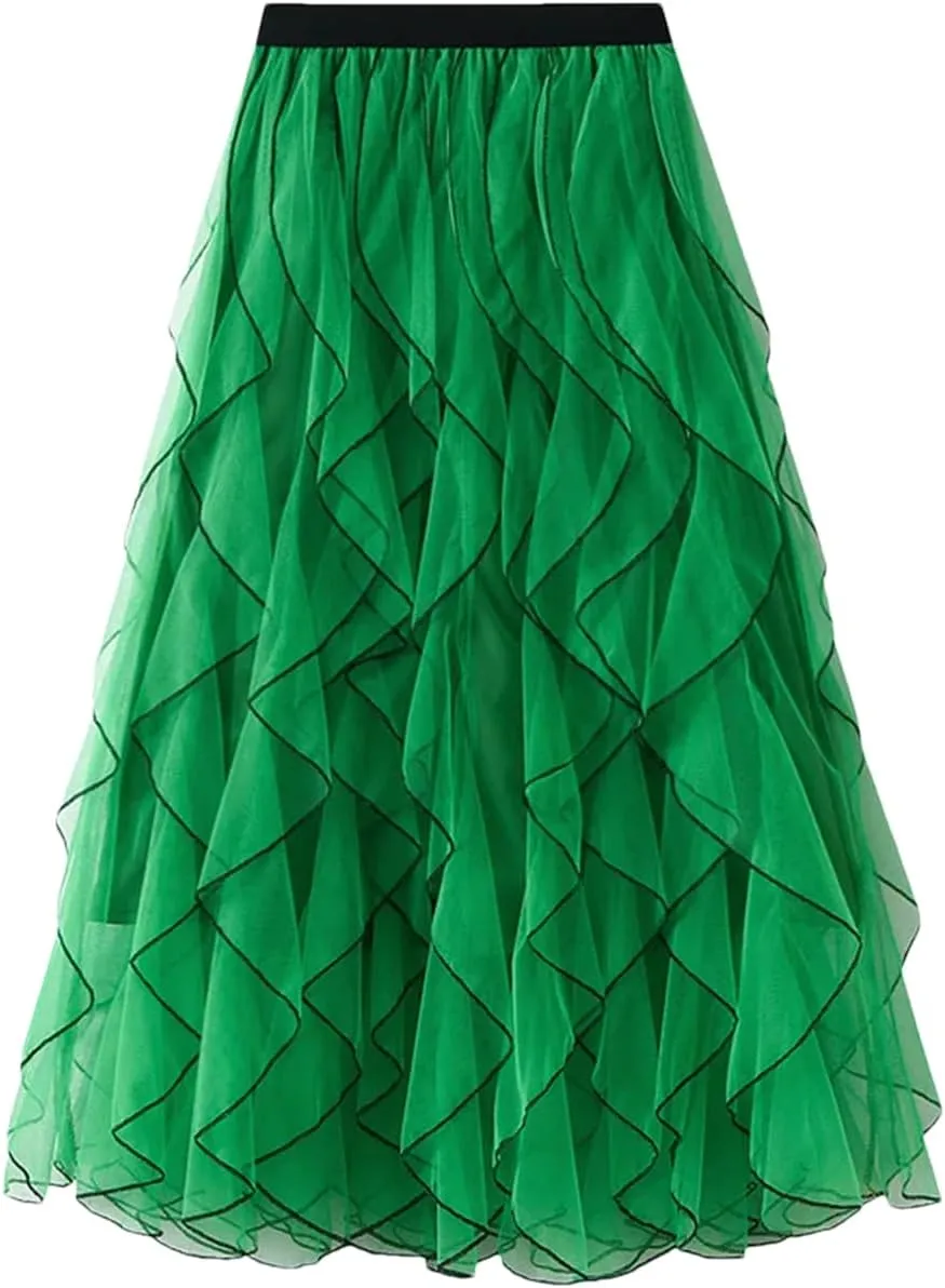 Women Ruffle Tulle Skirt Elastic High Waist Tulle Skirts Casual Midi Long Pleated Solid Skirt