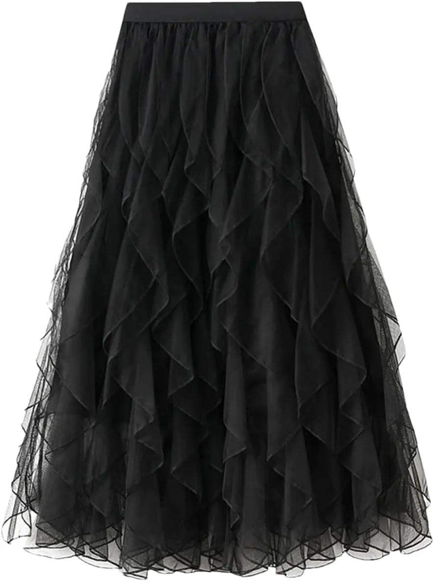 Women Ruffle Tulle Skirt Elastic High Waist Tulle Skirts Casual Midi Long Pleated Solid Skirt