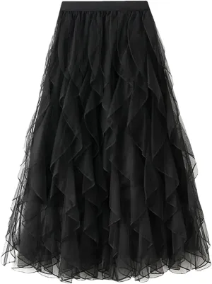 Women Ruffle Tulle Skirt Elastic High Waist Tulle Skirts Casual Midi Long Pleated Solid Skirt