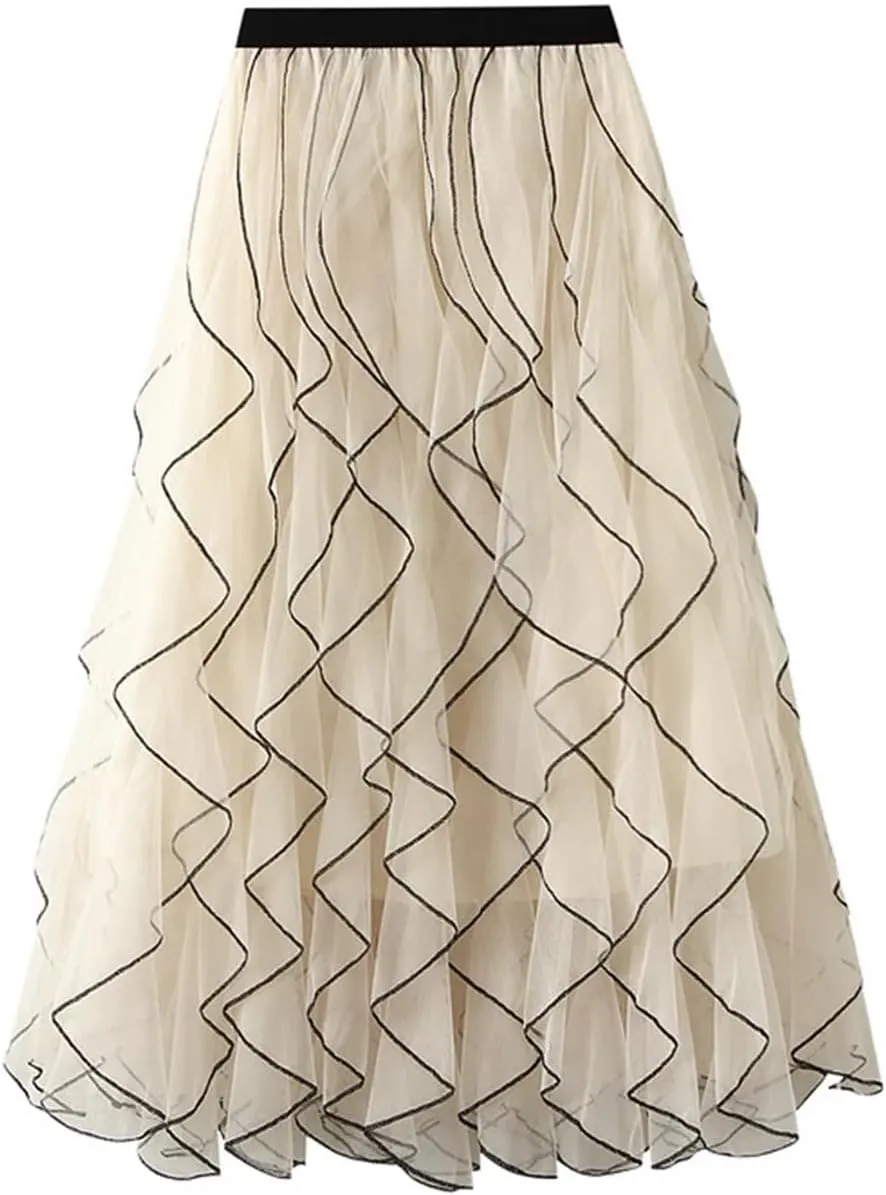 Women Ruffle Tulle Skirt Elastic High Waist Tulle Skirts Casual Midi Long Pleated Solid Skirt