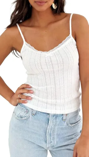 Women Y2k Lace Trim Pointelle Spaghetti Strap Crop Tank Tops Cute Bow V Neck Backless Going Out Camisole Shirts